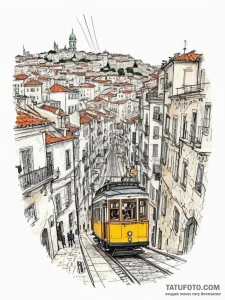 A vintage tram climbing a steep hill in lisbo... - эскиз тату (№1755108591_0, 13.08.2025 18:09) — Tatufoto.com