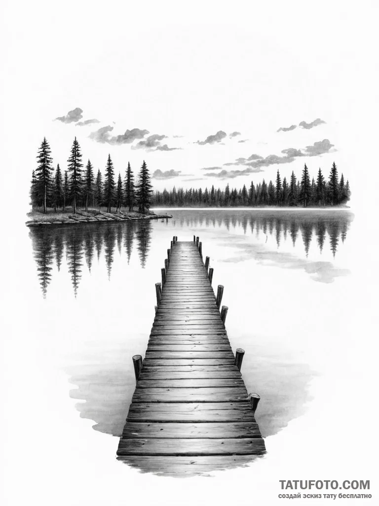 An old wooden pier stretching out into a calm... - эскиз тату (№1755111958_0, 13.08.2025 19:05) — Tatufoto.com