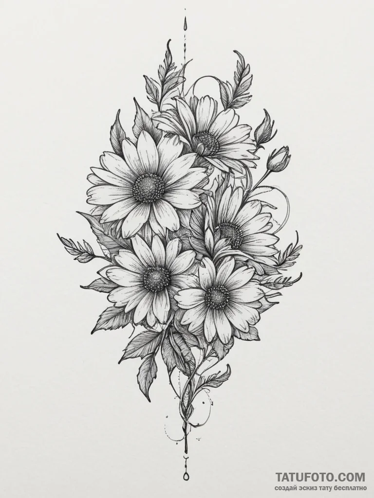 Tattoo sketch a field of daisies with a gentl... - эскиз тату (№1755112936_0, 13.08.2025 19:22) — Tatufoto.com