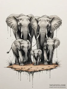 A family of elephants walking in a line towar... - эскиз тату (№1755113525_0, 13.08.2025 19:32) — Tatufoto.com