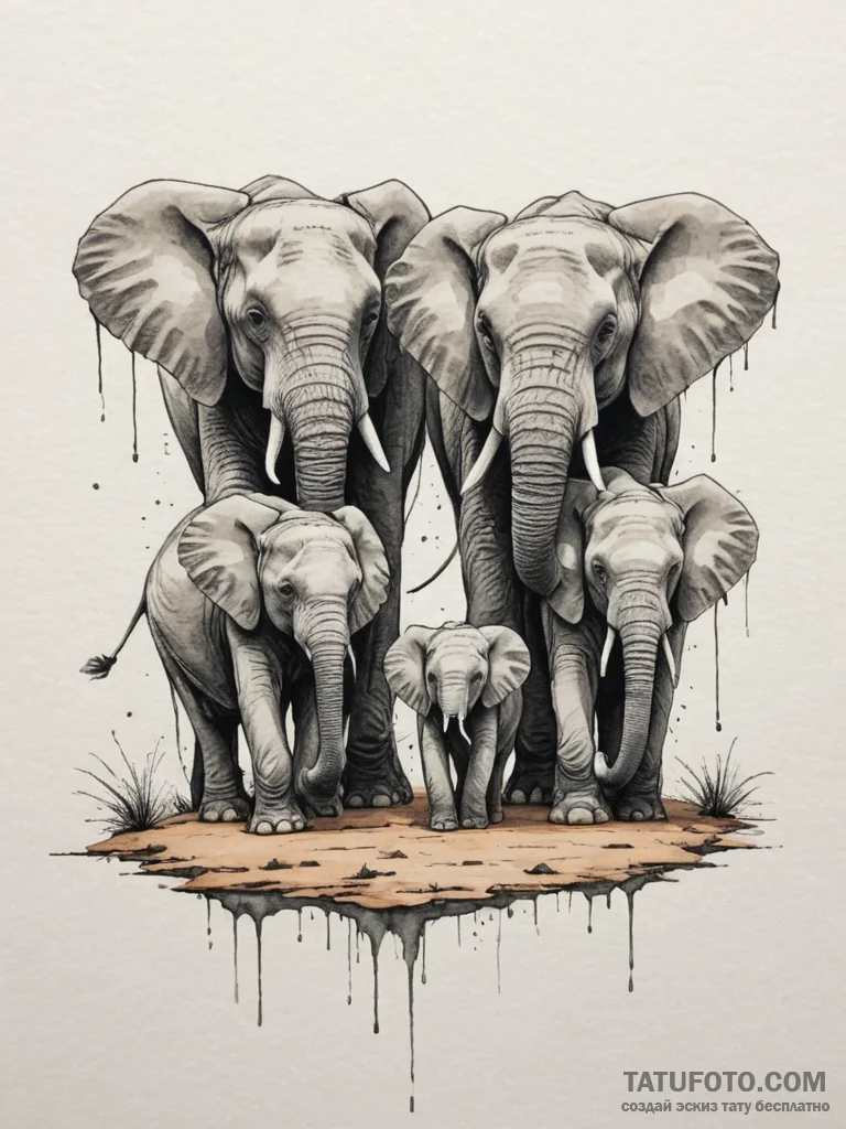 A family of elephants walking in a line towar... - эскиз тату (№1755113525_0, 13.08.2025 19:32) — Tatufoto.com