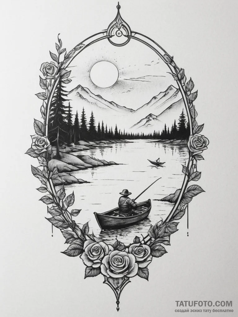 A shot of a lone fisherman in a small boat on... - эскиз тату (№1755114309_0, 13.08.2025 19:45) — Tatufoto.com