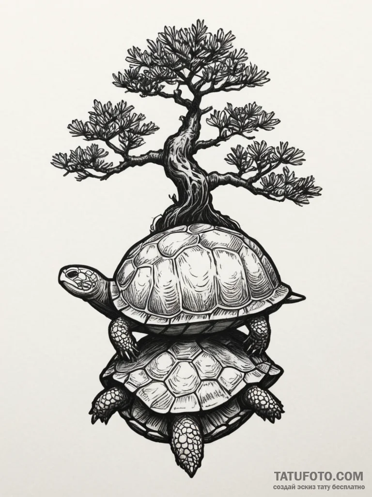 A bonsai tree growing on a turtle's back, art... - эскиз тату (№1755116071_0, 13.08.2025 20:14) — Tatufoto.com