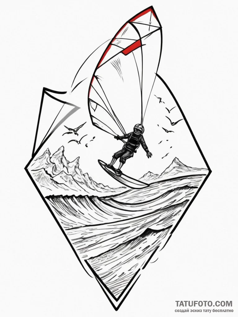 A shot of a kite surfing competition., ink il... - эскиз тату (№1755116266_0, 13.08.2025 20:17) — Tatufoto.com