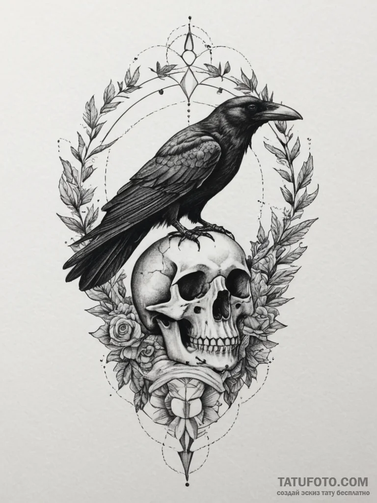 A raven perched on a skull, tattoo line art,... - эскиз тату (№1755119676_0, 13.08.2025 21:14) — Tatufoto.com