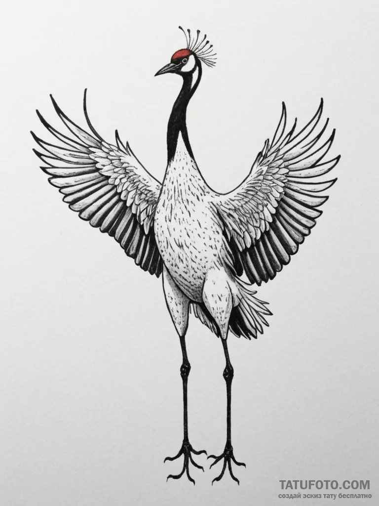 A red-crowned crane dancing, tattoo drawing o... - эскиз тату (№1755121839_0, 13.08.2025 21:50) — Tatufoto.com