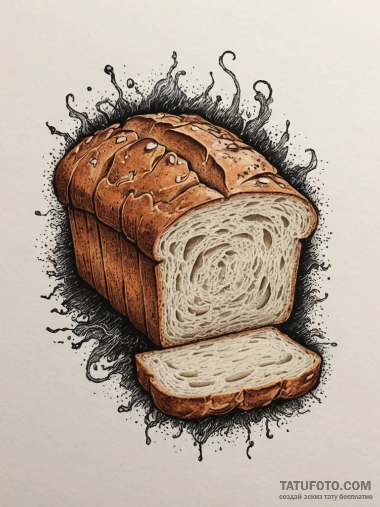 A close-up of a fresh loaf of bread being sli... - эскиз тату (№1755123039_0, 13.08.2025 22:10) — Tatufoto.com