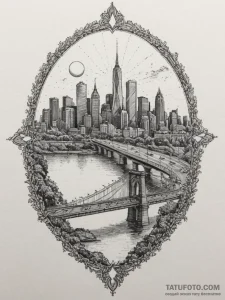 A view of a city skyline from across a river,... - эскиз тату (№1755126452_0, 13.08.2025 23:07) — Tatufoto.com