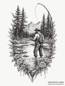 A shot of a fly fisherman casting a line in a... - эскиз тату (№1755129065_0, 13.08.2025 23:51) — Tatufoto.com