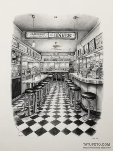 A photo of a bustling 1950s american diner wi... - эскиз тату (№1755134090_0, 14.08.2025 01:14) — Tatufoto.com