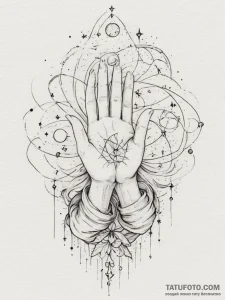 Tattoo sketch: a stylized woman's hands weavi... - эскиз тату (№1755135091_0, 14.08.2025 01:31) — Tatufoto.com