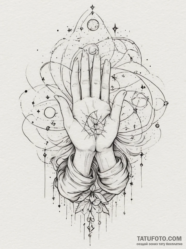 Tattoo sketch: a stylized woman's hands weavi... - эскиз тату (№1755135091_0, 14.08.2025 01:31) — Tatufoto.com