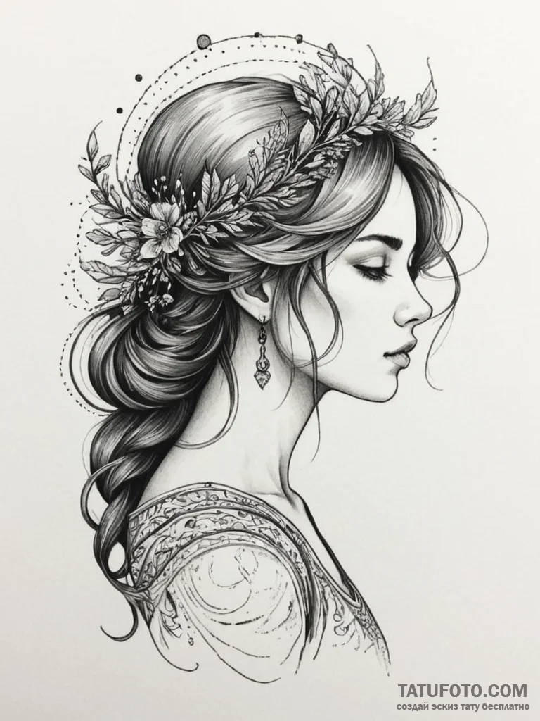 Tattoo design a virgo maiden's profile in bla... - эскиз тату (№1755135495_0, 14.08.2025 01:38) — Tatufoto.com