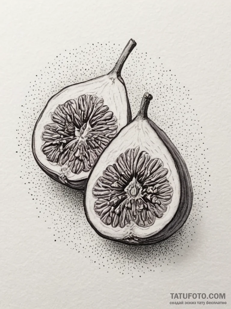 A close-up of a fresh fig, sliced in half., c... - эскиз тату (№1755141519_0, 14.08.2025 03:18) — Tatufoto.com