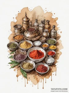 The vibrant colors of an indian spice market.... - эскиз тату (№1755141716_0, 14.08.2025 03:21) — Tatufoto.com