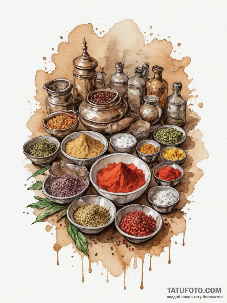 The vibrant colors of an indian spice market.... - эскиз тату (№1755141716_0, 14.08.2025 03:21) — Tatufoto.com