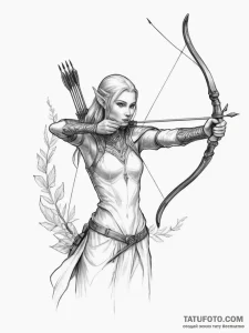 Elven archer, tattoo drawing outline, realist... - эскиз тату (№1755148310_0, 14.08.2025 05:11) — Tatufoto.com