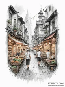 Tattoo design a vibrant market street from a... - эскиз тату (№1755148701_0, 14.08.2025 05:18) — Tatufoto.com