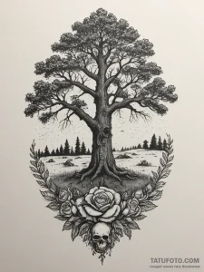 A single, ancient oak tree standing alone in... - эскиз тату (№1755149484_0, 14.08.2025 05:31) — Tatufoto.com