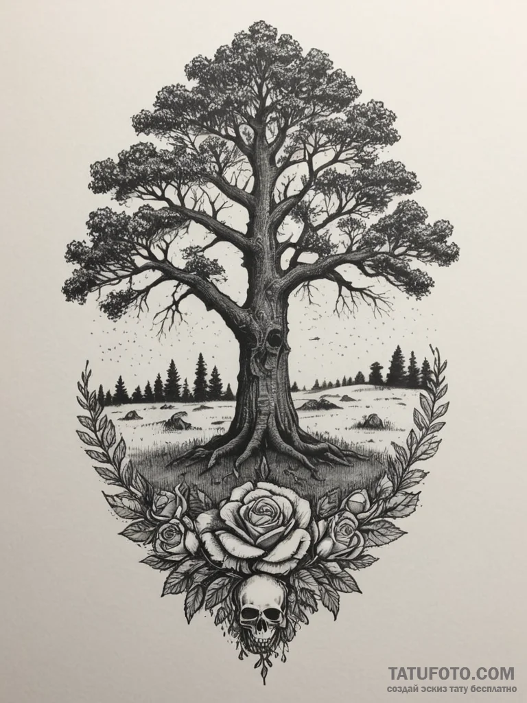 A single, ancient oak tree standing alone in... - эскиз тату (№1755149484_0, 14.08.2025 05:31) — Tatufoto.com
