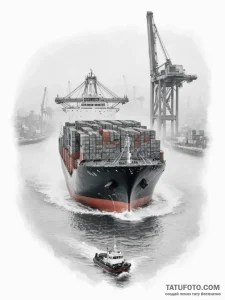A massive container ship navigating through a... - эскиз тату (№1755152039_0, 14.08.2025 06:13) — Tatufoto.com