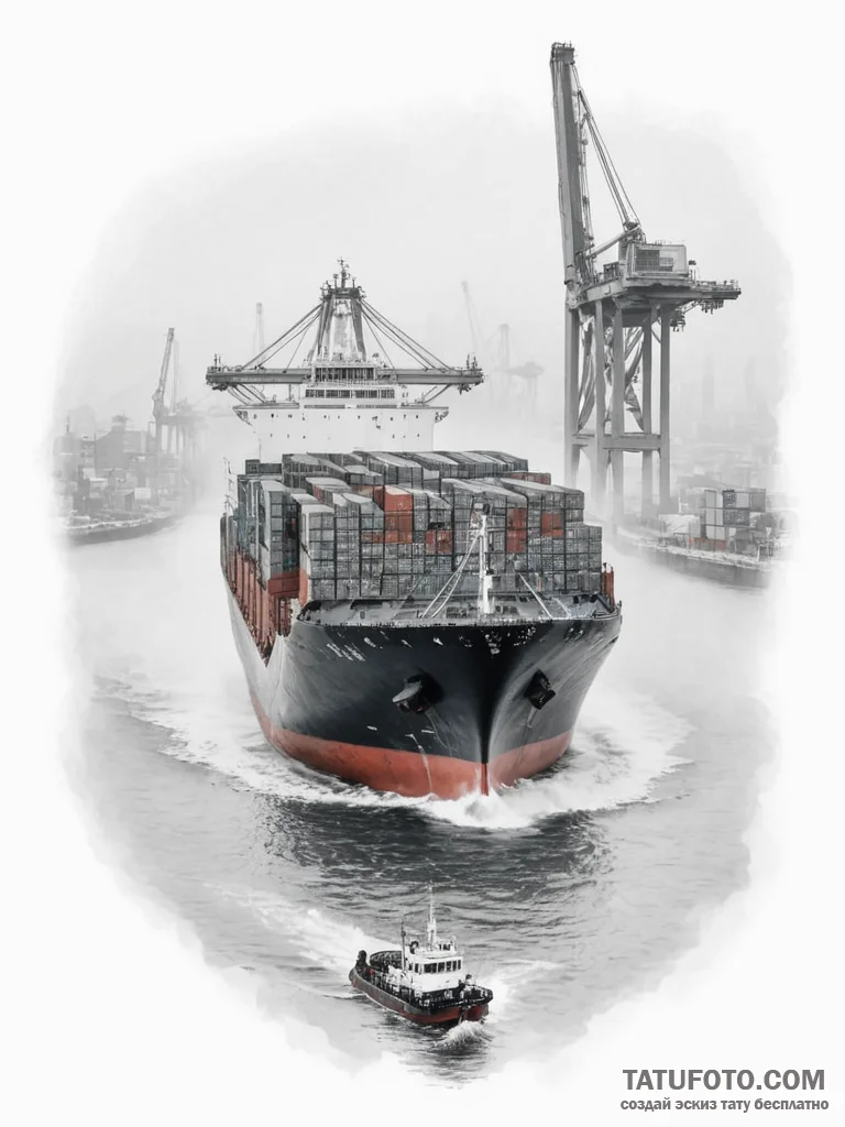 A massive container ship navigating through a... - эскиз тату (№1755152039_0, 14.08.2025 06:13) — Tatufoto.com