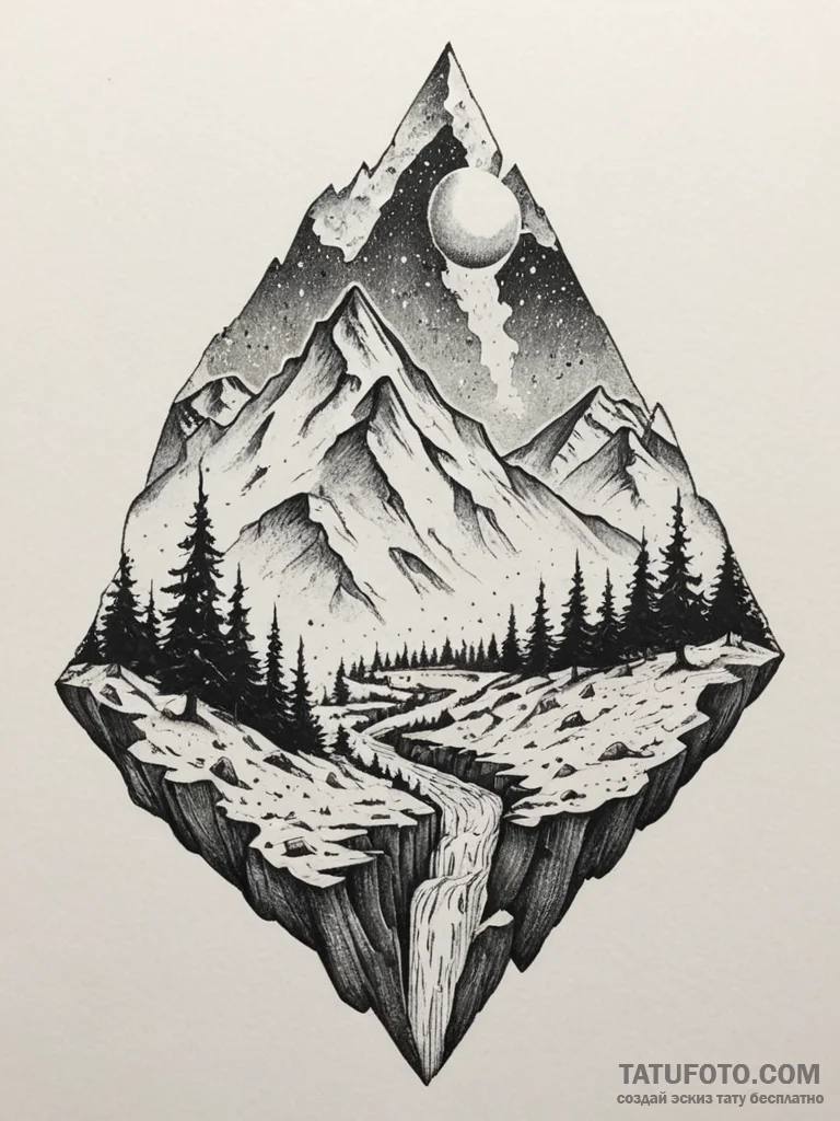 Tattoo sketch a snowy mountain peak with a hi... - эскиз тату (№1755153617_0, 14.08.2025 06:40) — Tatufoto.com