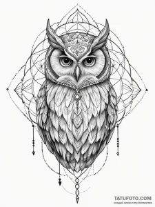 Owl with key, artistic tattoo sketch, geometr... - эскиз тату (№1755154805_0, 14.08.2025 07:00) — Tatufoto.com