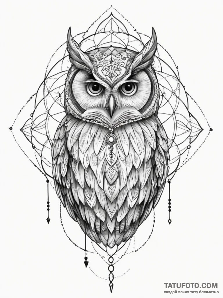 Owl with key, artistic tattoo sketch, geometr... - эскиз тату (№1755154805_0, 14.08.2025 07:00) — Tatufoto.com