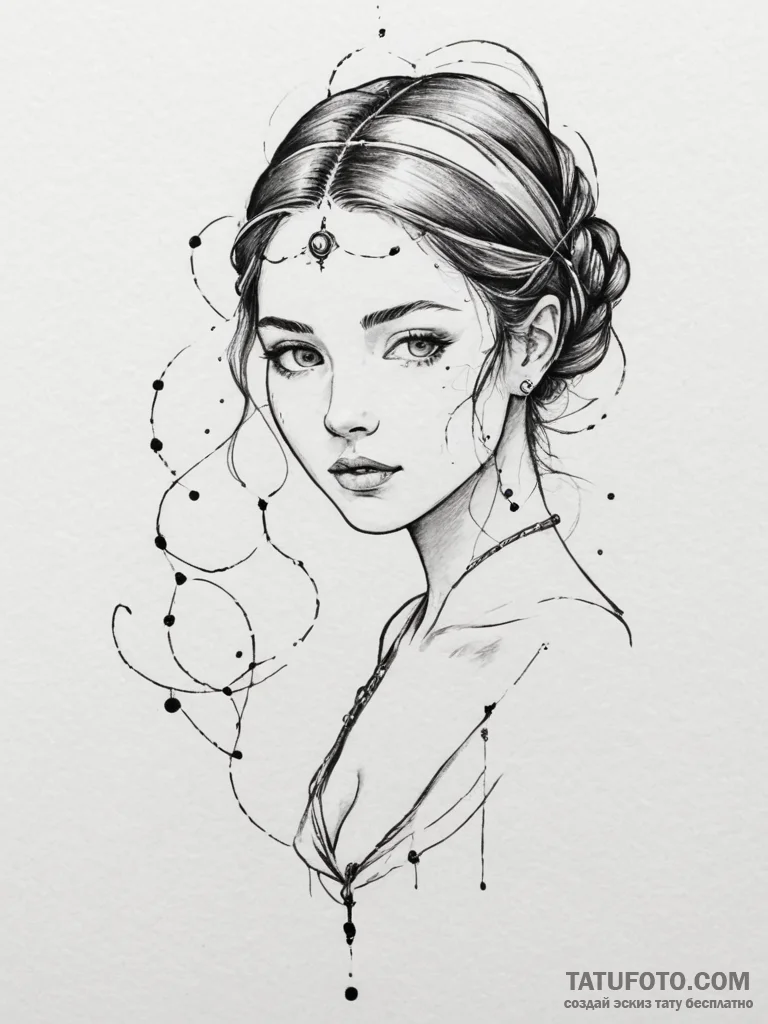 Tattoo design a virgo maiden, half realistic... - эскиз тату (№1755157375_0, 14.08.2025 07:42) — Tatufoto.com