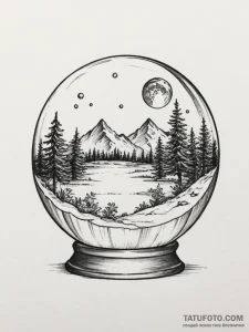 Tattoo sketch a crystal ball with a tiny, per... - эскиз тату (№1755159946_0, 14.08.2025 08:25) — Tatufoto.com