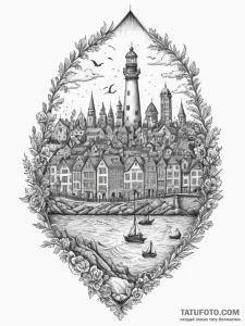 Tattoo design a highly detailed miniature cit... - эскиз тату (№1755167858_0, 14.08.2025 10:37) — Tatufoto.com