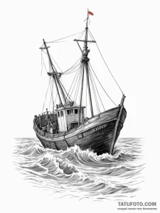 A fishing trawler on a rough sea, nets being... - эскиз тату (№1755168646_0, 14.08.2025 10:50) — Tatufoto.com