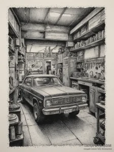 The inside of a busy, gritty auto repair shop... - эскиз тату (№1755169236_0, 14.08.2025 11:00) — Tatufoto.com