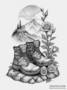 A shot of someone's feet in worn hiking boots... - эскиз тату (№1755174415_0, 14.08.2025 12:26) — Tatufoto.com