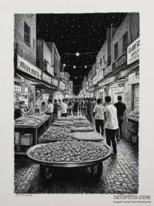 A street food market in mexico city at night.... - эскиз тату (№1755179810_0, 14.08.2025 13:56) — Tatufoto.com