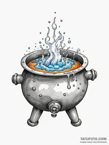 Tattoo sketch a bubbling cauldron with game c... - эскиз тату (№1755180403_0, 14.08.2025 14:06) — Tatufoto.com
