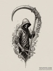 Reaper's scythe leaning against a wall, conce... - эскиз тату (№1755189662_0, 14.08.2025 16:41) — Tatufoto.com