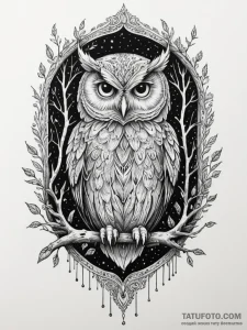 A wise-looking owl perched on a branch in a d... - эскиз тату (№1755193451_0, 14.08.2025 17:44) — Tatufoto.com