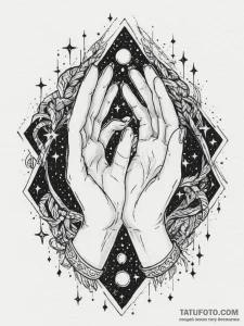 Tattoo sketch: a stylized woman's hands weavi... - эскиз тату (№1755193850_0, 14.08.2025 17:50) — Tatufoto.com