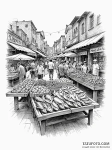 A shot of a bustling open-air fish market., t... - эскиз тату (№1755199446_0, 14.08.2025 19:24) — Tatufoto.com