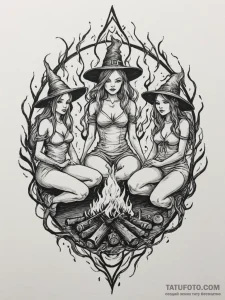 A coven of witches around a fire, tattoo line... - эскиз тату (№1755203230_0, 14.08.2025 20:27) — Tatufoto.com