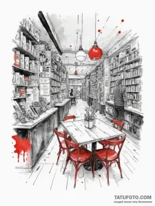 A shot of a crowded bookstore cafe., concept... - эскиз тату (№1755206811_0, 14.08.2025 21:26) — Tatufoto.com