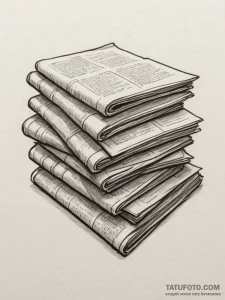 A close-up of a stack of old, yellowed newspa... - эскиз тату (№1755212593_0, 14.08.2025 23:03) — Tatufoto.com