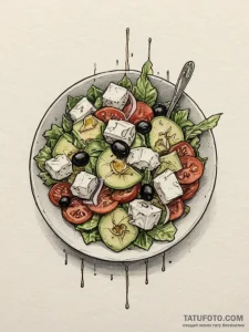 A fresh, colorful greek salad in a white bowl... - эскиз тату (№1755214989_0, 14.08.2025 23:43) — Tatufoto.com