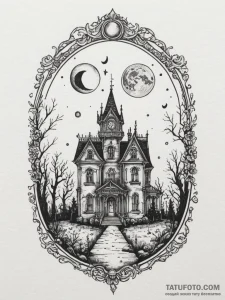 Tattoo sketch a haunted mansion silhouette ag... - эскиз тату (№1755215980_0, 14.08.2025 23:59) — Tatufoto.com
