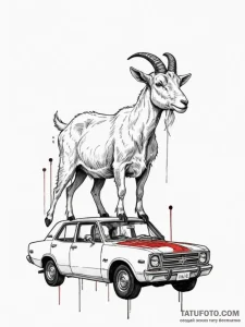 A curious goat standing on the roof of a car.... - эскиз тату (№1755222020_0, 15.08.2025 01:40) — Tatufoto.com