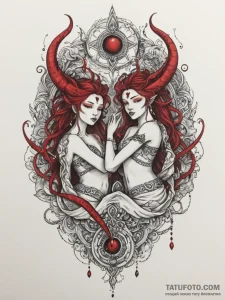Tattoo sketch gemini figures as ancient shama... - эскиз тату (№1755270879_0, 15.08.2025 15:14) — Tatufoto.com