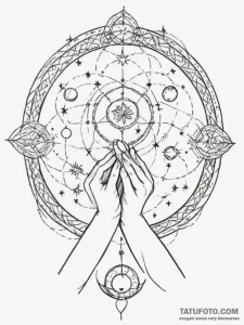 Tattoo sketch: a stylized woman's hands weavi... - эскиз тату (№1755279456_0, 15.08.2025 17:37) — Tatufoto.com