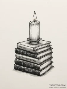 A stack of old books with a lit candle on top... - эскиз тату (№1755280471_0, 15.08.2025 17:54) — Tatufoto.com
